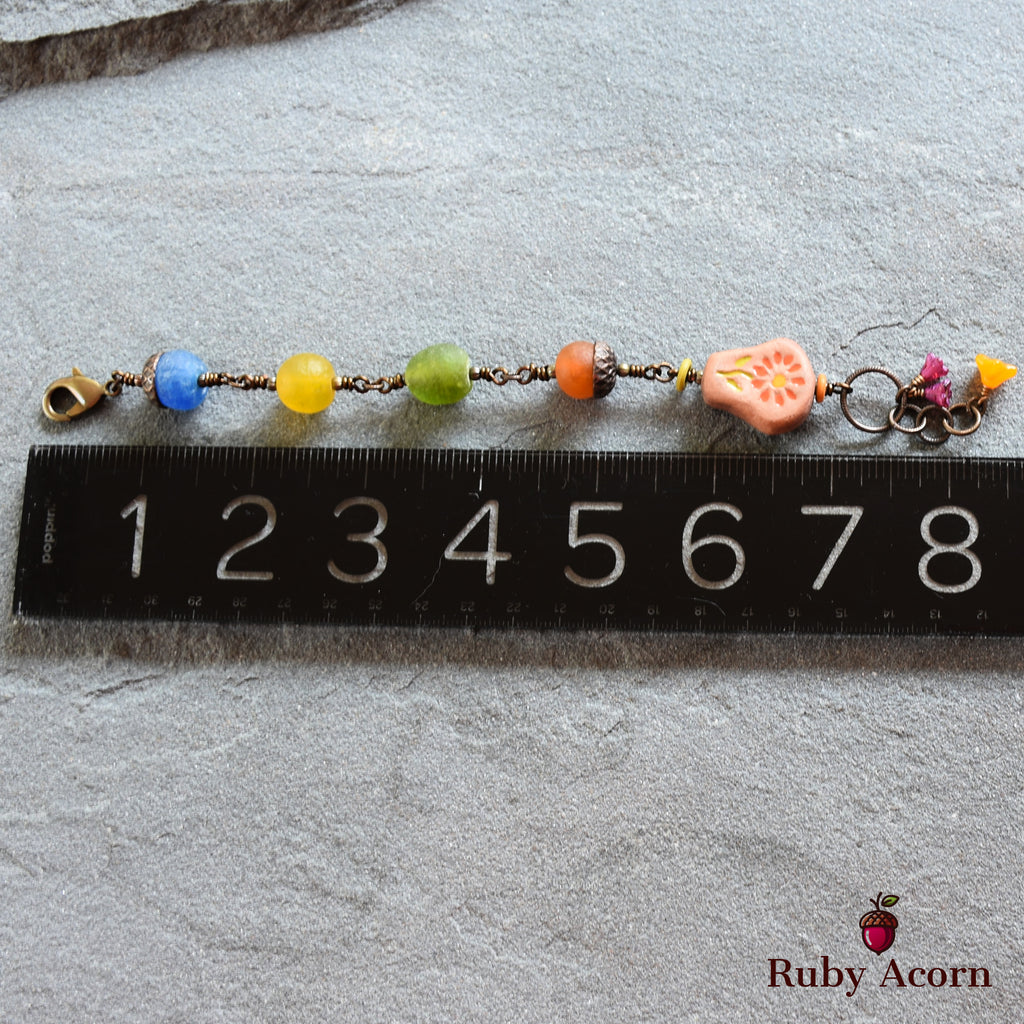 Rainbow Sugar Skull Handmade Wire Wrapped Bracelet with Artisan Ceramic Focal and Recycled African Glass