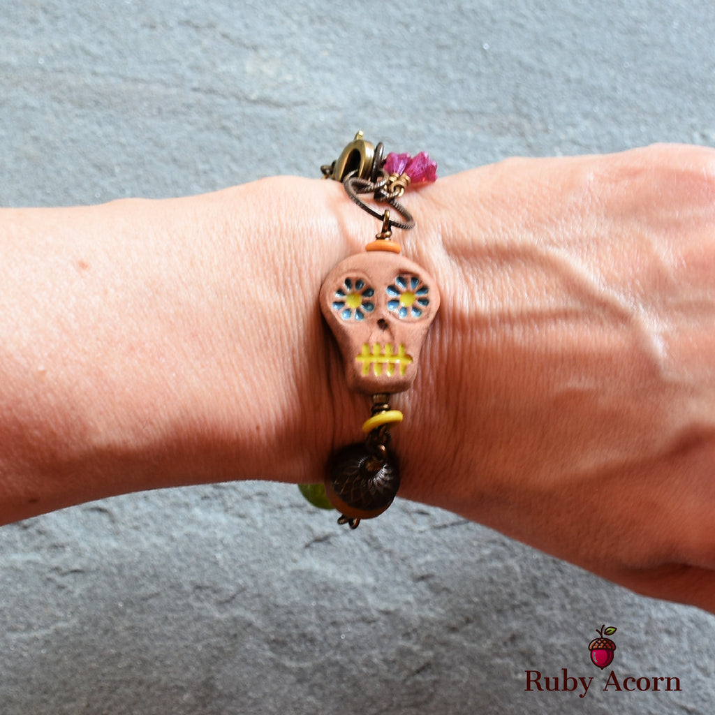 Rainbow Sugar Skull Handmade Wire Wrapped Bracelet with Artisan Ceramic Focal and Recycled African Glass