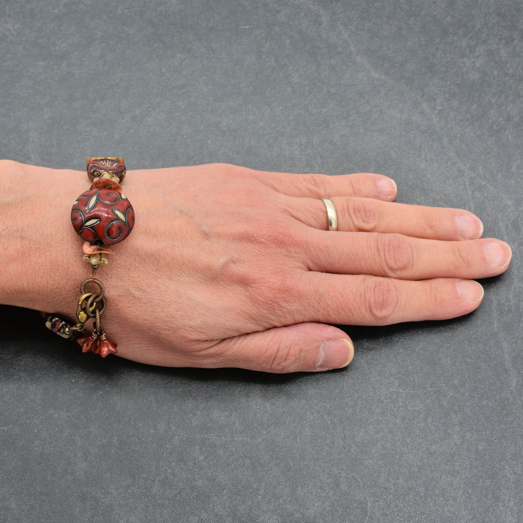 Red Delicious Beaded Bracelet - Handmade, Artisan Ceramic and Czech Glass
