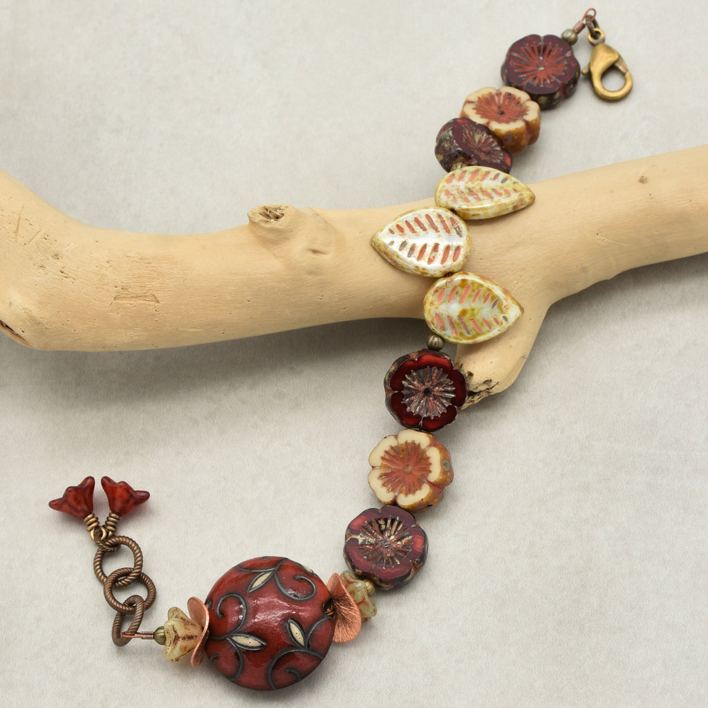 Red Delicious Beaded Bracelet - Handmade, Artisan Ceramic and Czech Glass