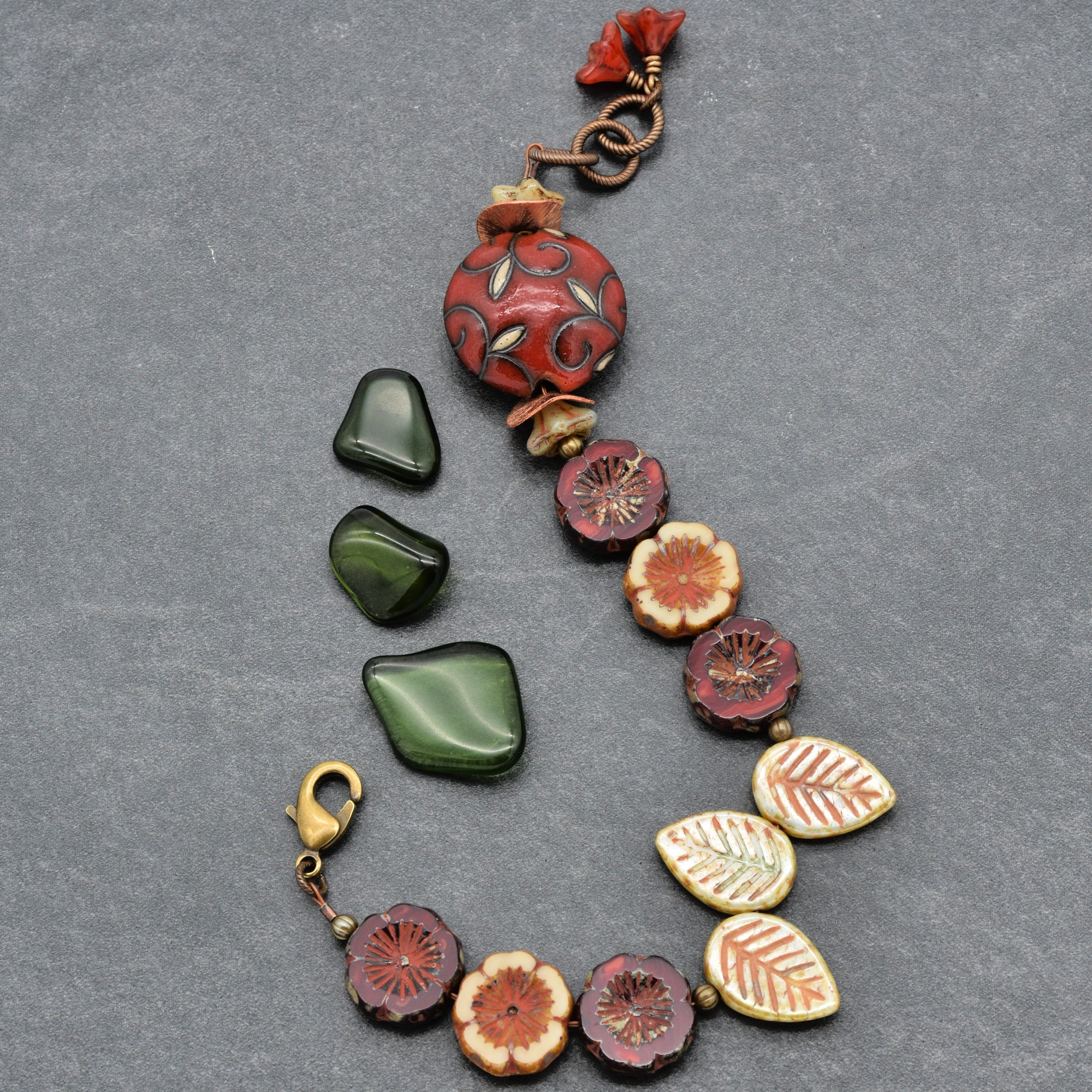 Red Delicious Beaded Bracelet - Handmade, Artisan Ceramic and Czech Glass