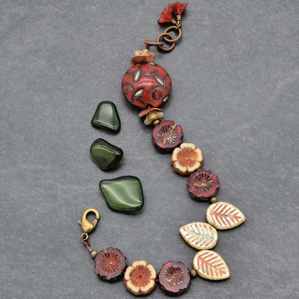 Red Delicious Beaded Bracelet - Handmade, Artisan Ceramic and Czech Glass