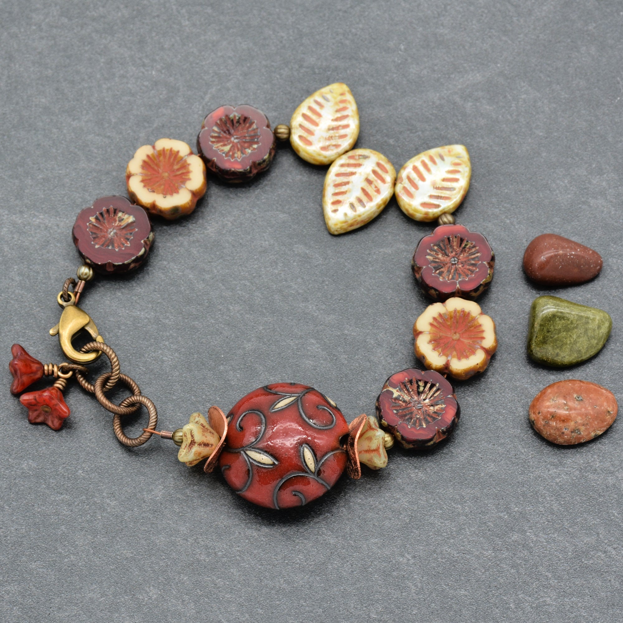 Red Delicious Beaded Bracelet - Handmade, Artisan Ceramic and Czech Glass