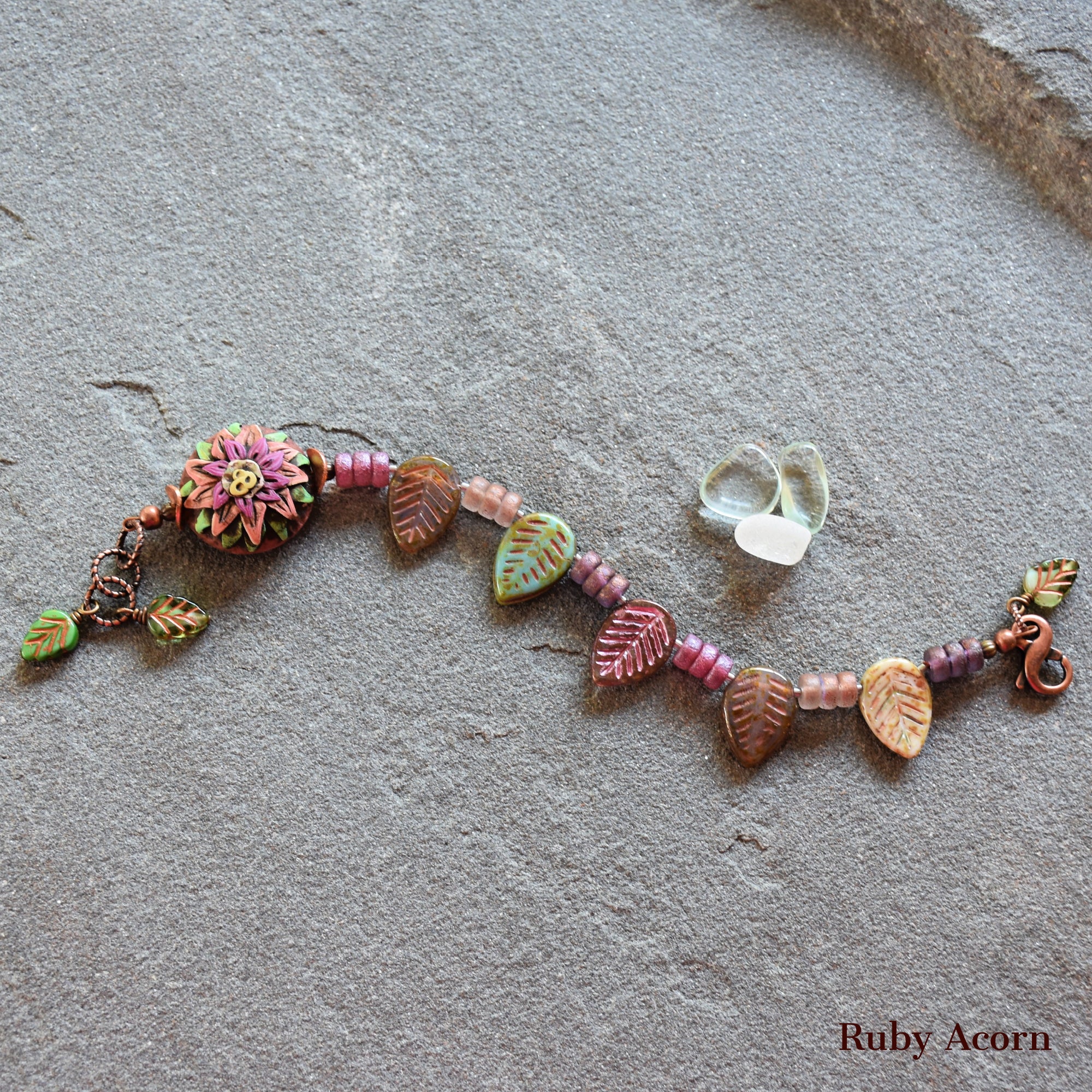 Rosette Bonbon Handmade Bracelet with Polymer Clay Artisan Focal, Czech Glass Leaves and Rondelles