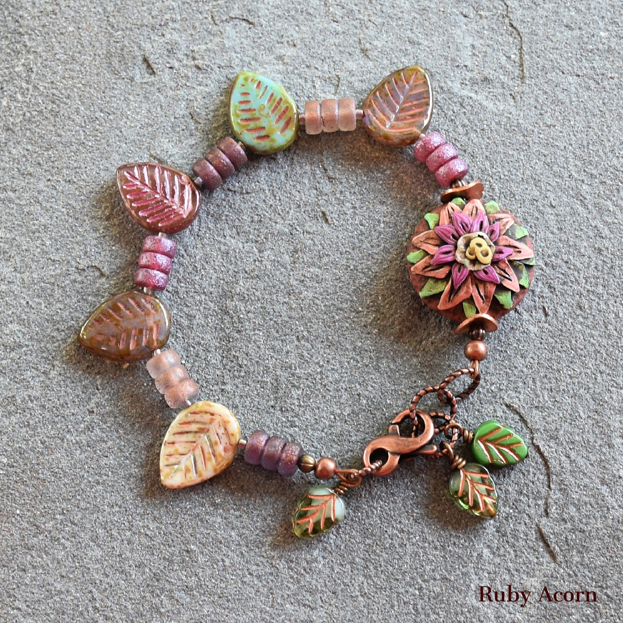 Rosette Bonbon Handmade Bracelet with Polymer Clay Artisan Focal, Czech Glass Leaves and Rondelles
