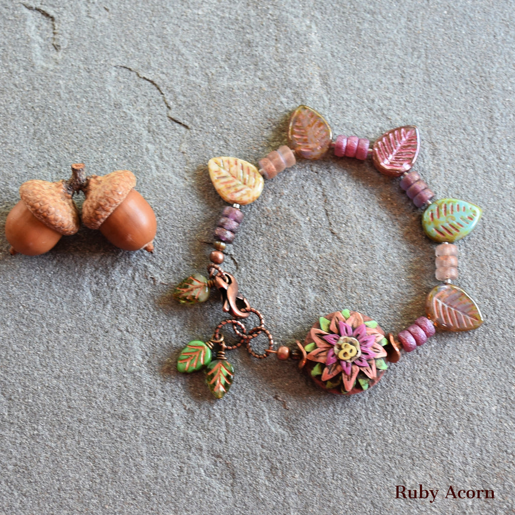 Rosette Bonbon Handmade Bracelet with Polymer Clay Artisan Focal, Czech Glass Leaves and Rondelles