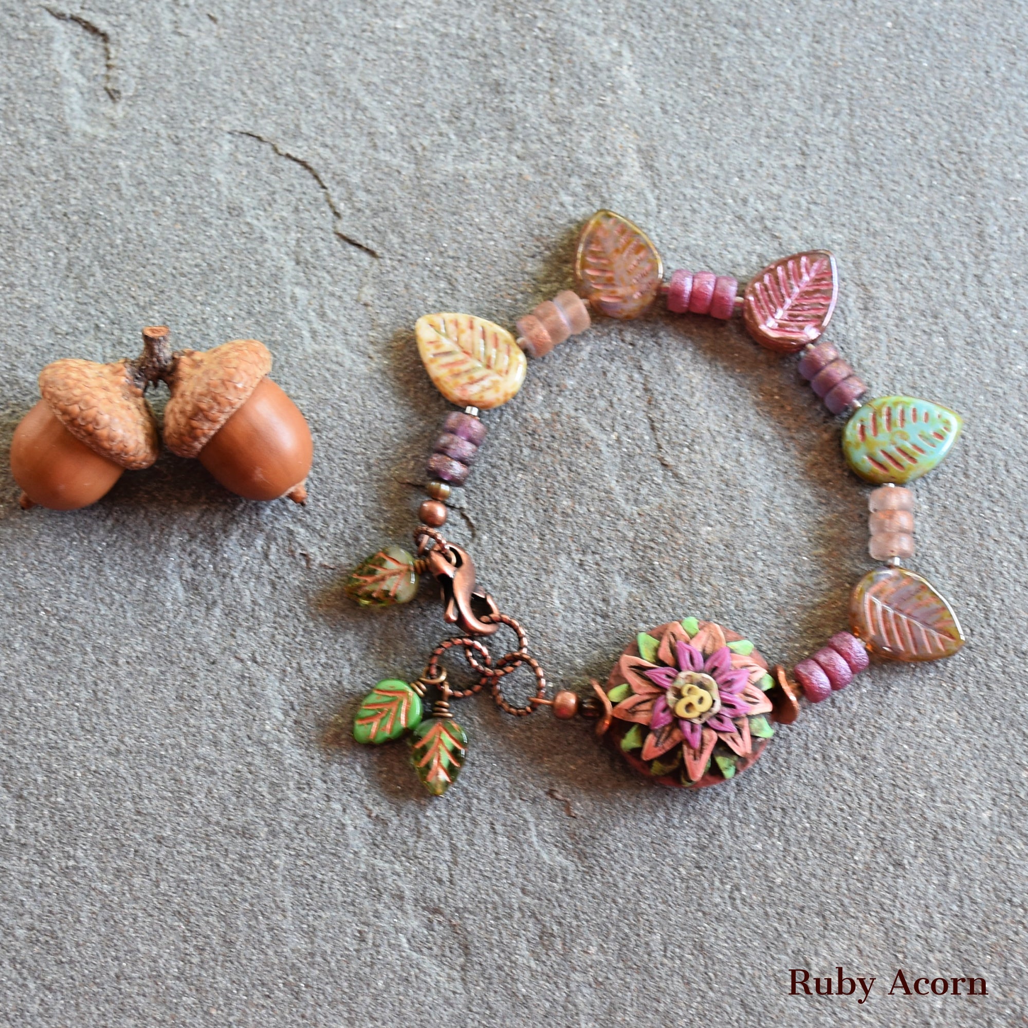 Rosette Bonbon Handmade Bracelet with Polymer Clay Artisan Focal, Czech Glass Leaves and Rondelles