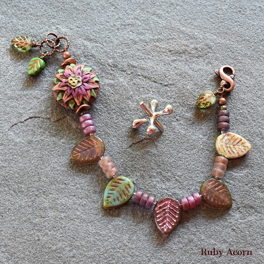 Rosette Bonbon Handmade Bracelet with Polymer Clay Artisan Focal, Czech Glass Leaves and Rondelles
