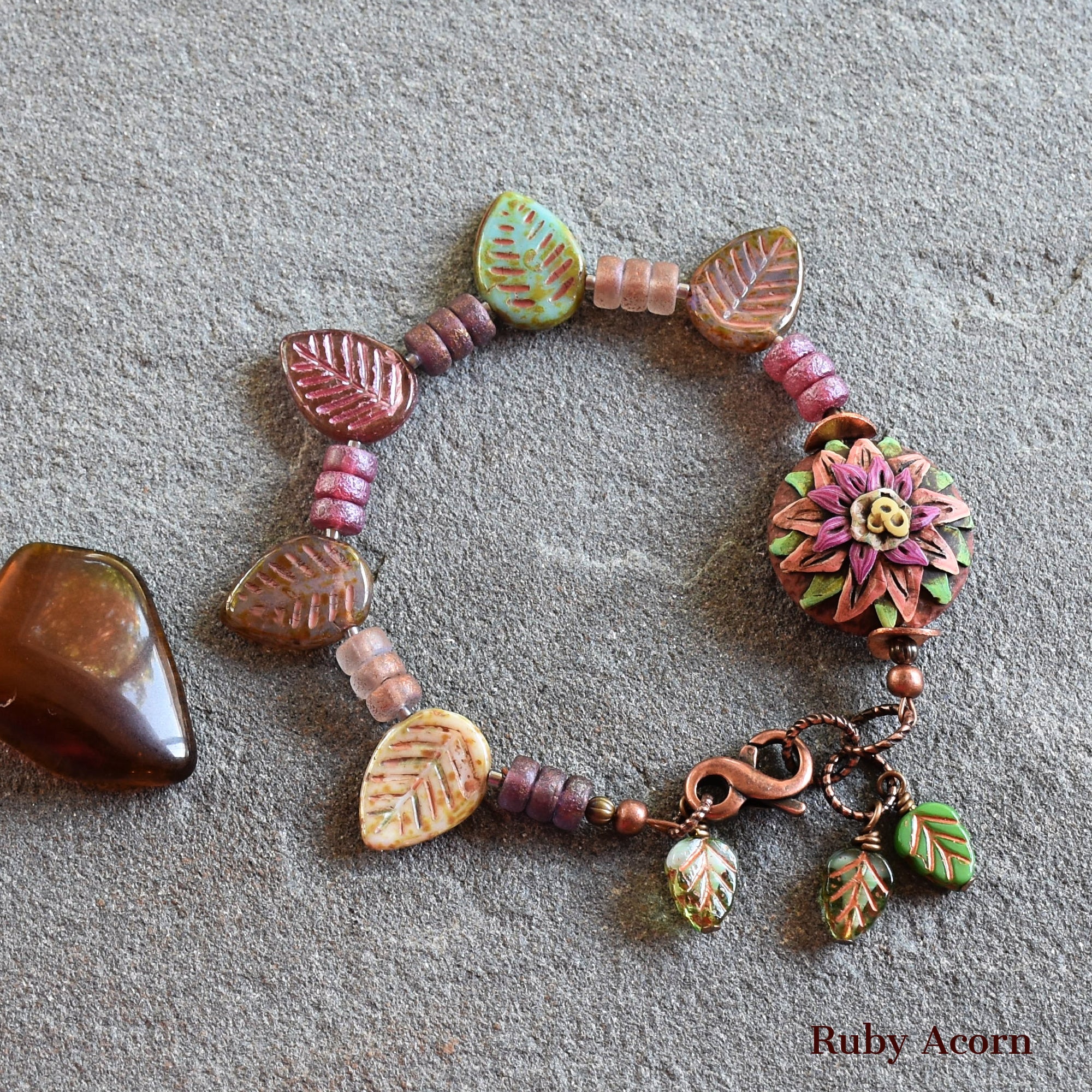 Rosette Bonbon Handmade Bracelet with Polymer Clay Artisan Focal, Czech Glass Leaves and Rondelles