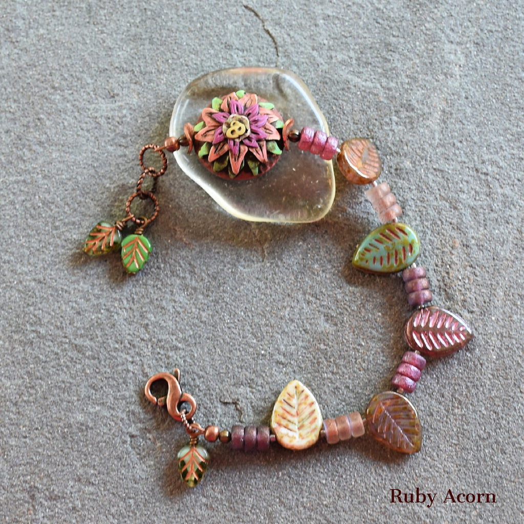 Rosette Bonbon Handmade Bracelet with Polymer Clay Artisan Focal, Czech Glass Leaves and Rondelles