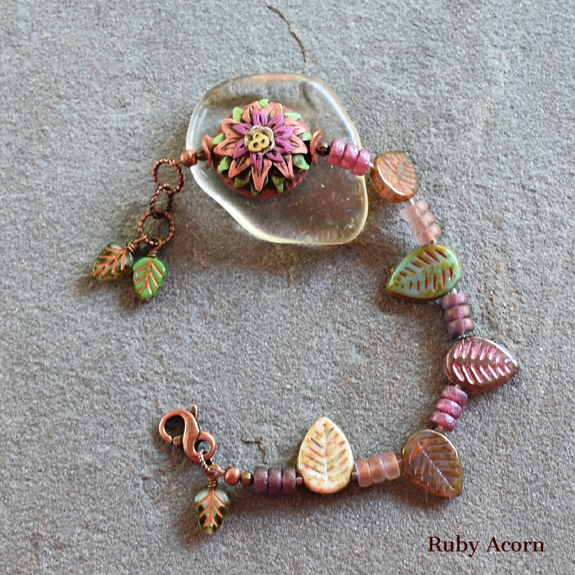 Rosette Bonbon Handmade Bracelet with Polymer Clay Artisan Focal, Czech Glass Leaves and Rondelles