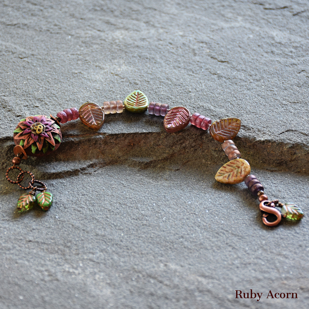 Rosette Bonbon Handmade Bracelet with Polymer Clay Artisan Focal, Czech Glass Leaves and Rondelles
