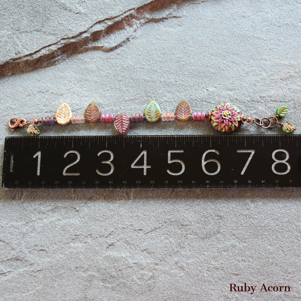 Rosette Bonbon Handmade Bracelet with Polymer Clay Artisan Focal, Czech Glass Leaves and Rondelles