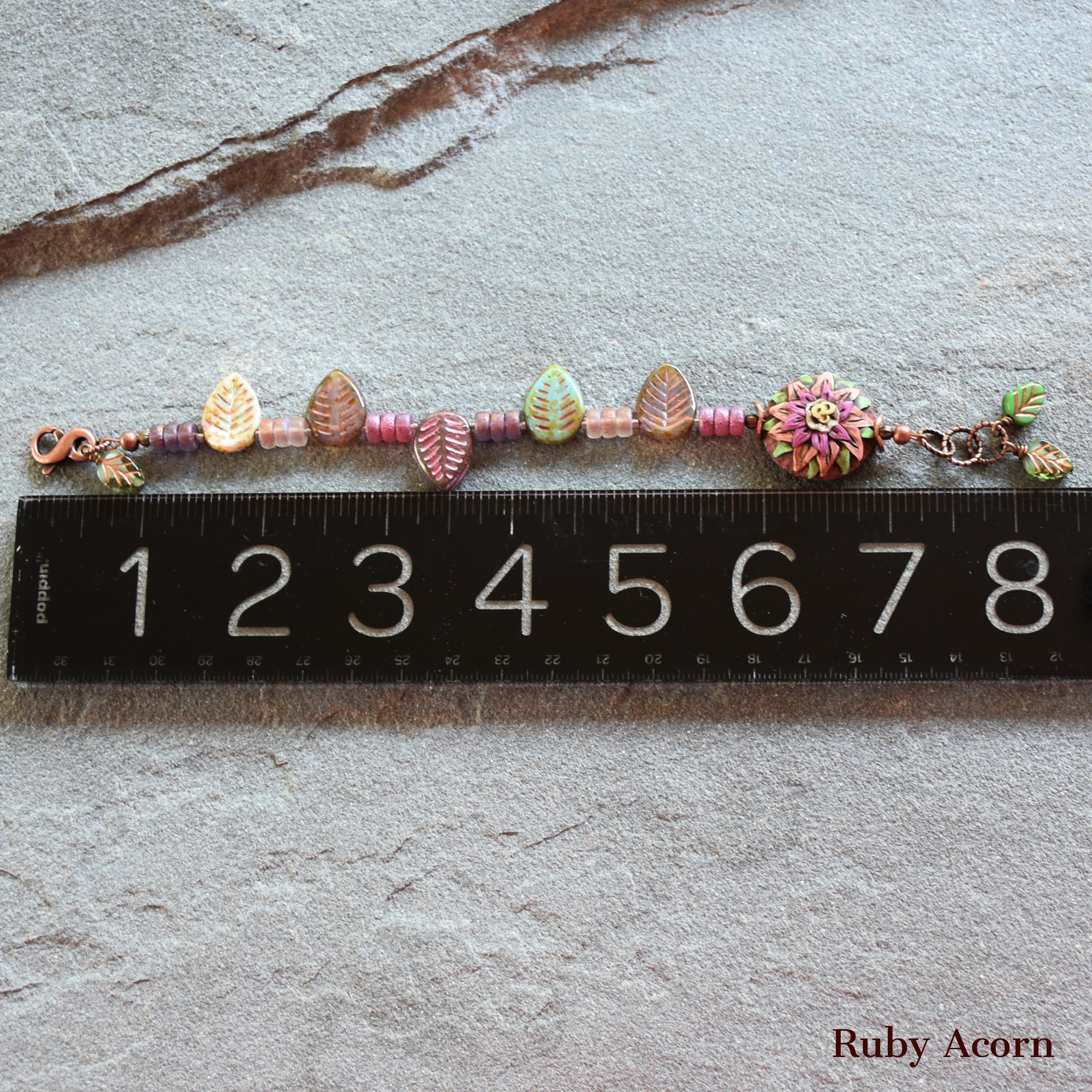 Rosette Bonbon Handmade Bracelet with Polymer Clay Artisan Focal, Czech Glass Leaves and Rondelles