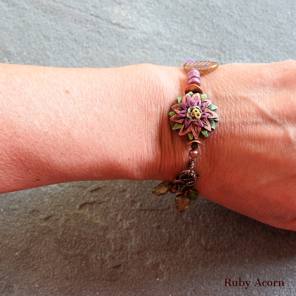 Rosette Bonbon Handmade Bracelet with Polymer Clay Artisan Focal, Czech Glass Leaves and Rondelles