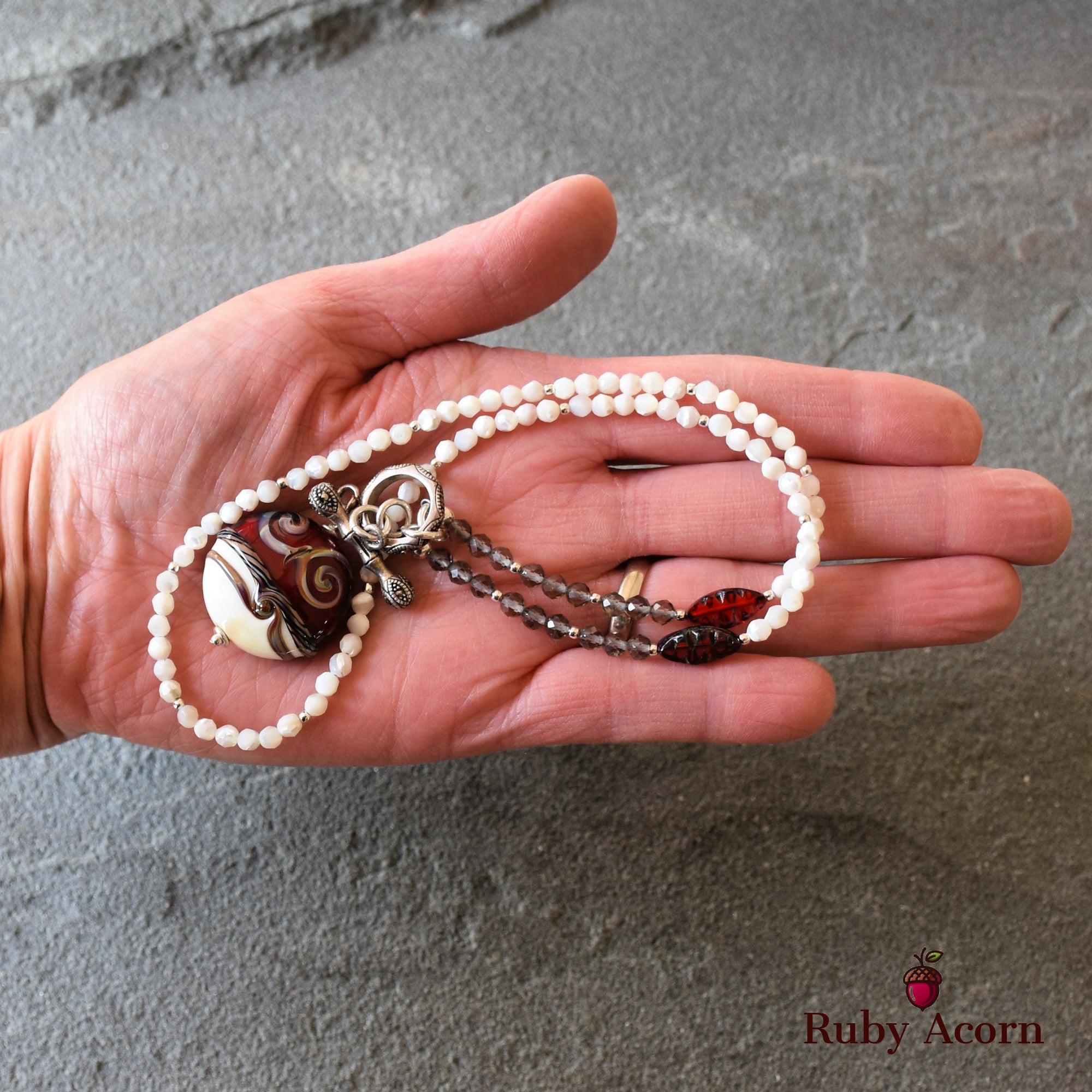 Ruby Red Handmade Beaded Necklace. Artisan Lampwork Glass, Smoky Quartz, Sterling Silver, Mother of Pearl