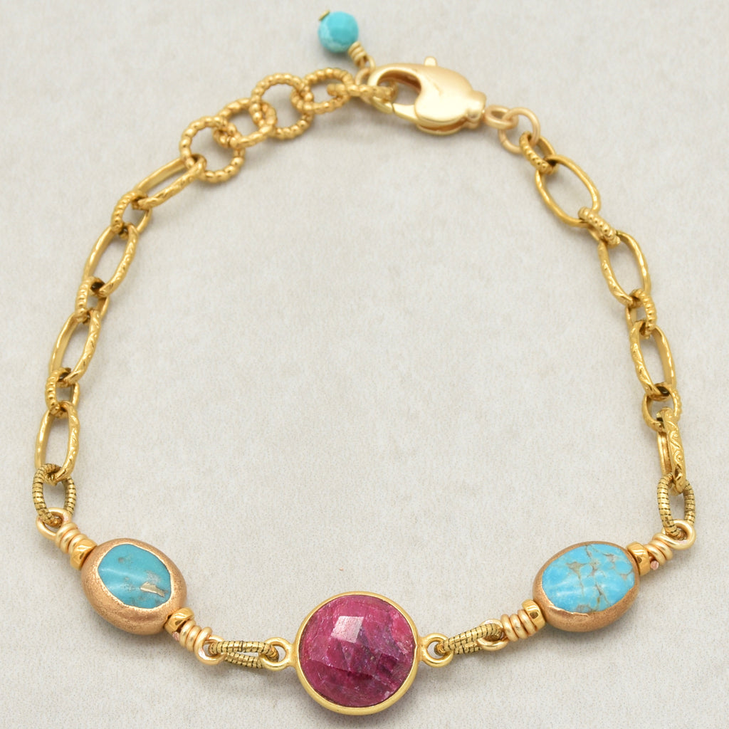 Gold chain bracelet with ruby and turquoise - one of a kind wearable art by Ruby Acorn