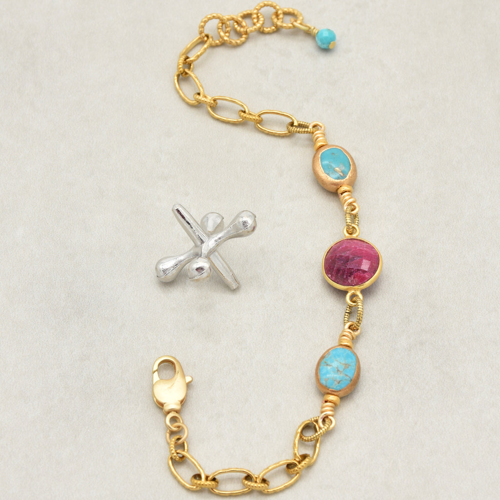 Gold chain bracelet with ruby and turquoise - made with love by Ruby Acorn