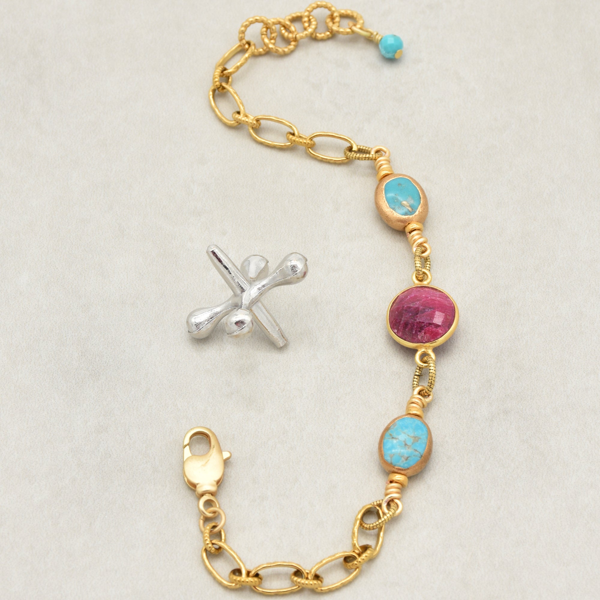 Gold chain bracelet with ruby and turquoise - made with love by Ruby Acorn