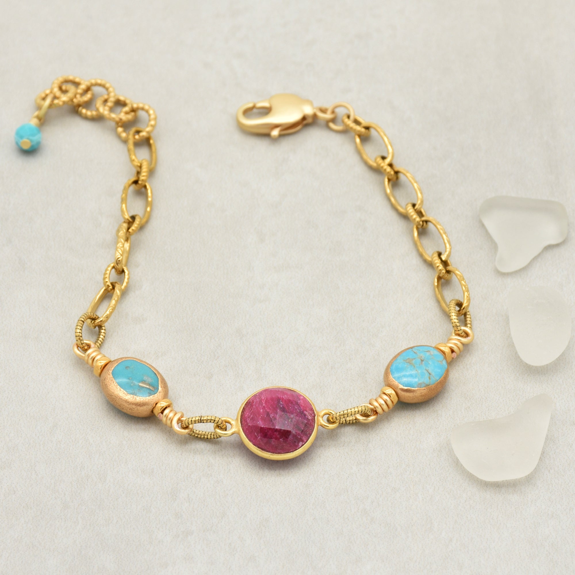 Gold chain bracelet with ruby and turquoise beads - express yourself with art you can wear by Ruby Acorn