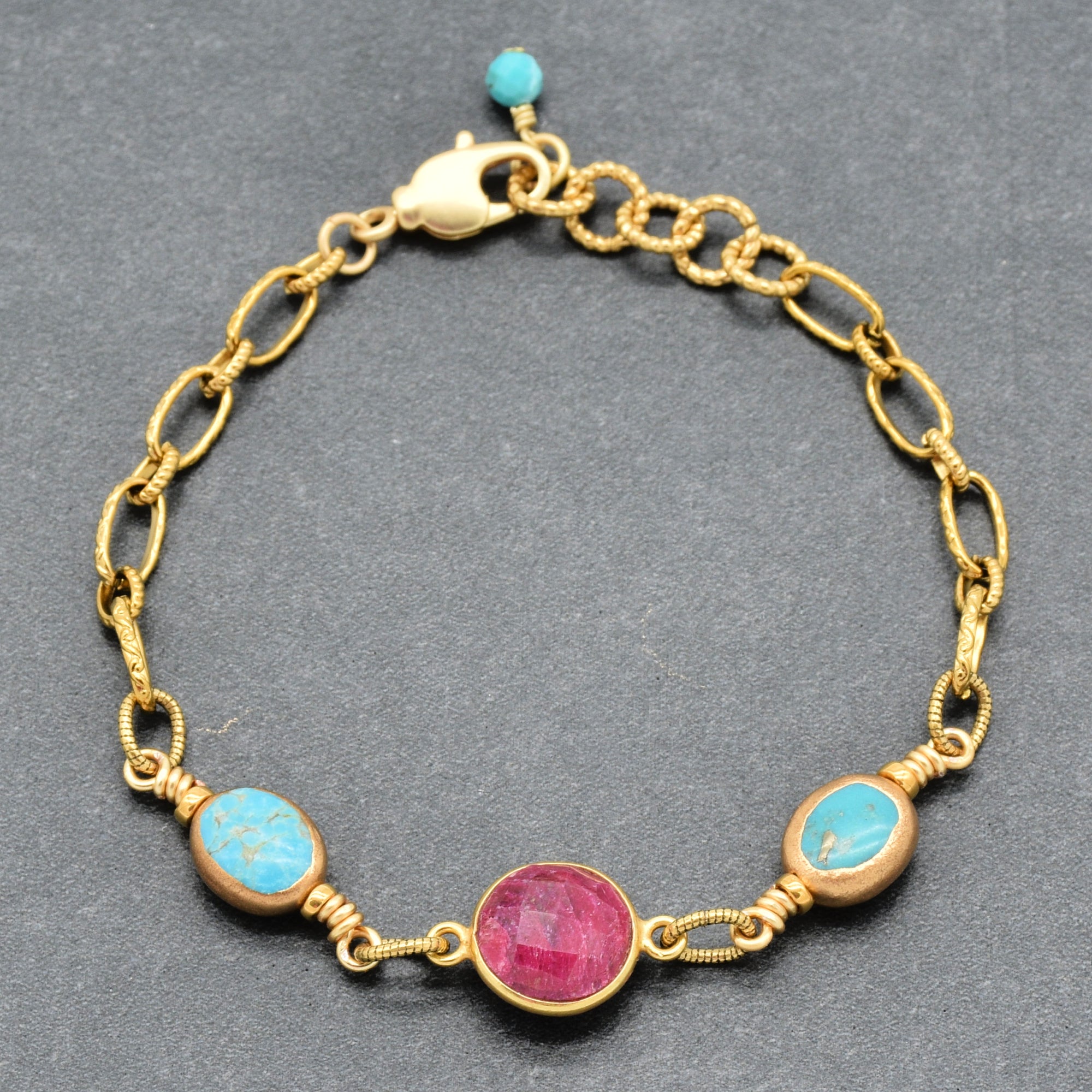 Gold chain bracelet with ruby and turquoise beads - one of a kind wearable art by Ruby Acorn