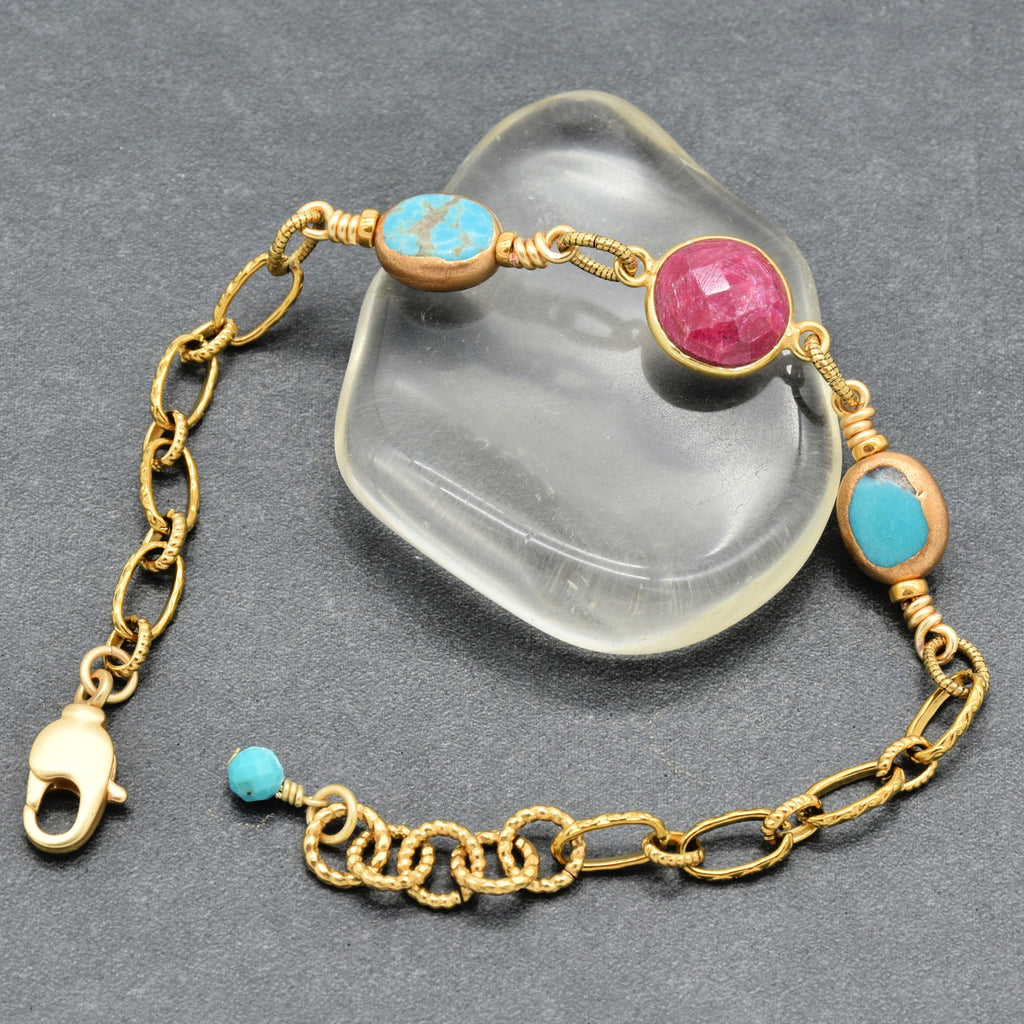 Gold chain bracelet with ruby coin focal, natural turquoise and gold lobster claw - made with love in Colorado by Ruby Acorn