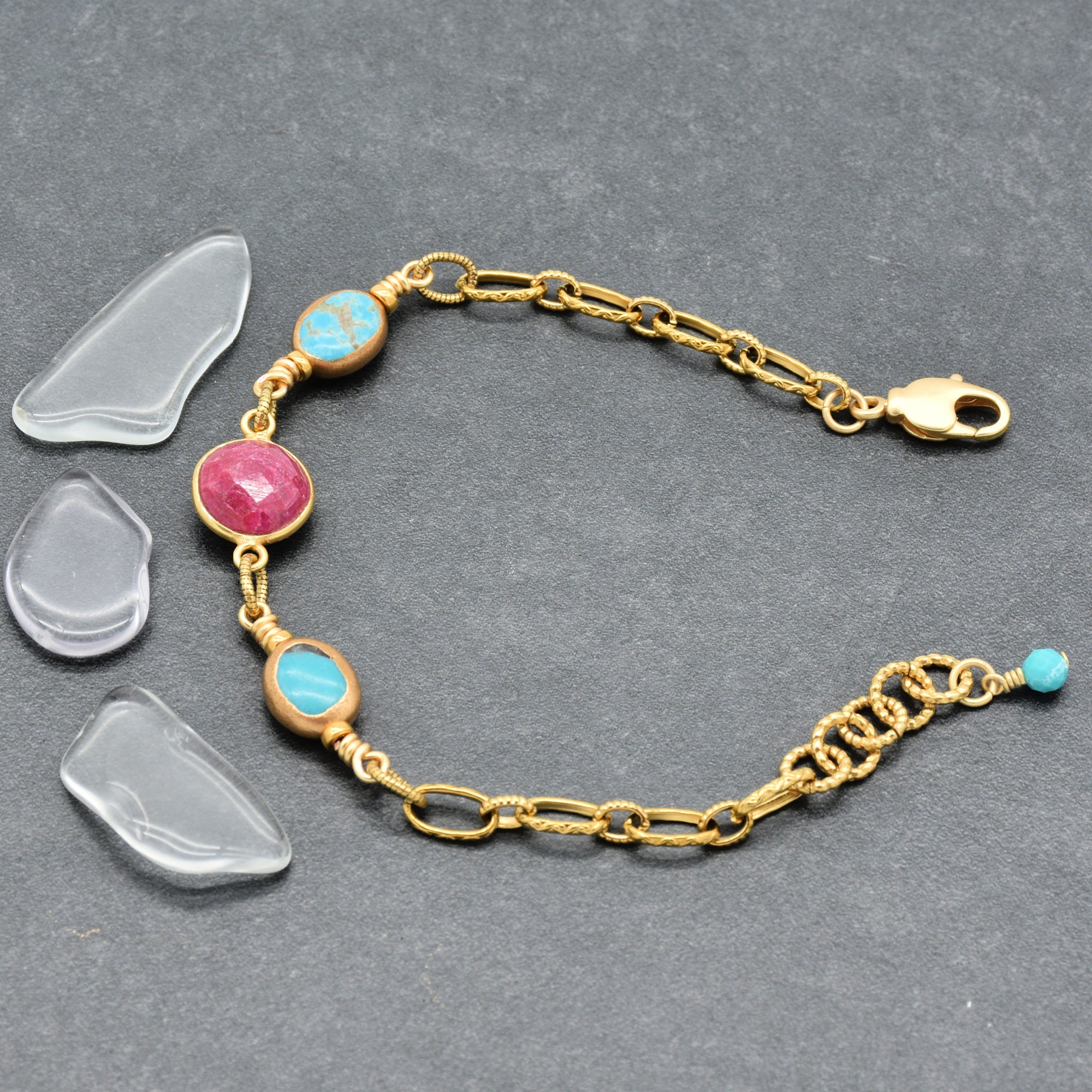 Gold chain bracelet with ruby and turquoise - handmade with love by Ruby Acorn