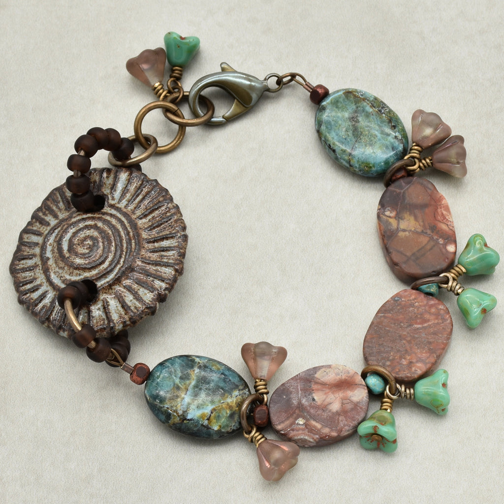 Handmade Beaded Bracelet - Rustic Charm, Earth Tones, Artisan Ceramic and Natural Stone