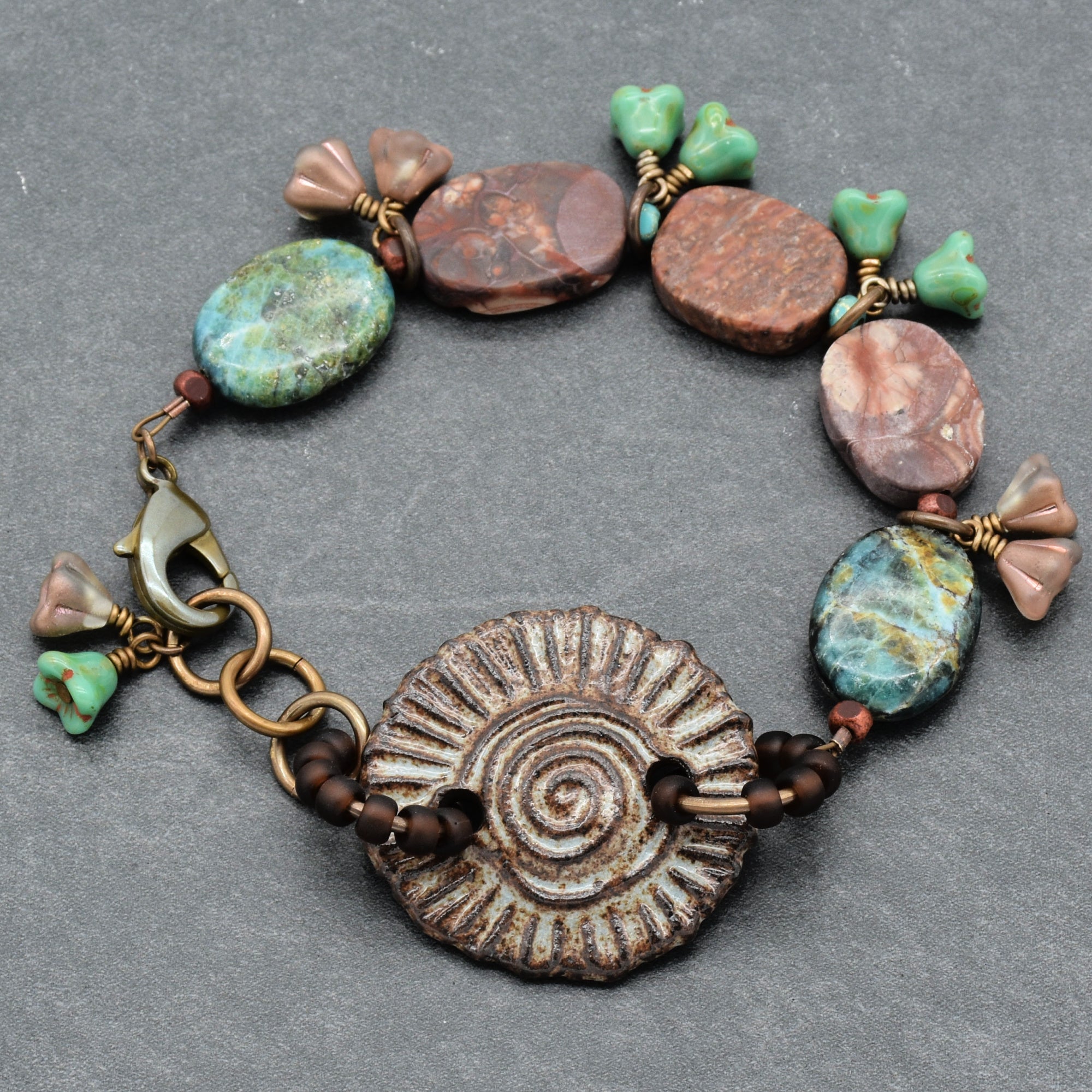 Handmade Beaded Bracelet - Rustic Charm, Earth Tones, Artisan Ceramic and Natural Stone