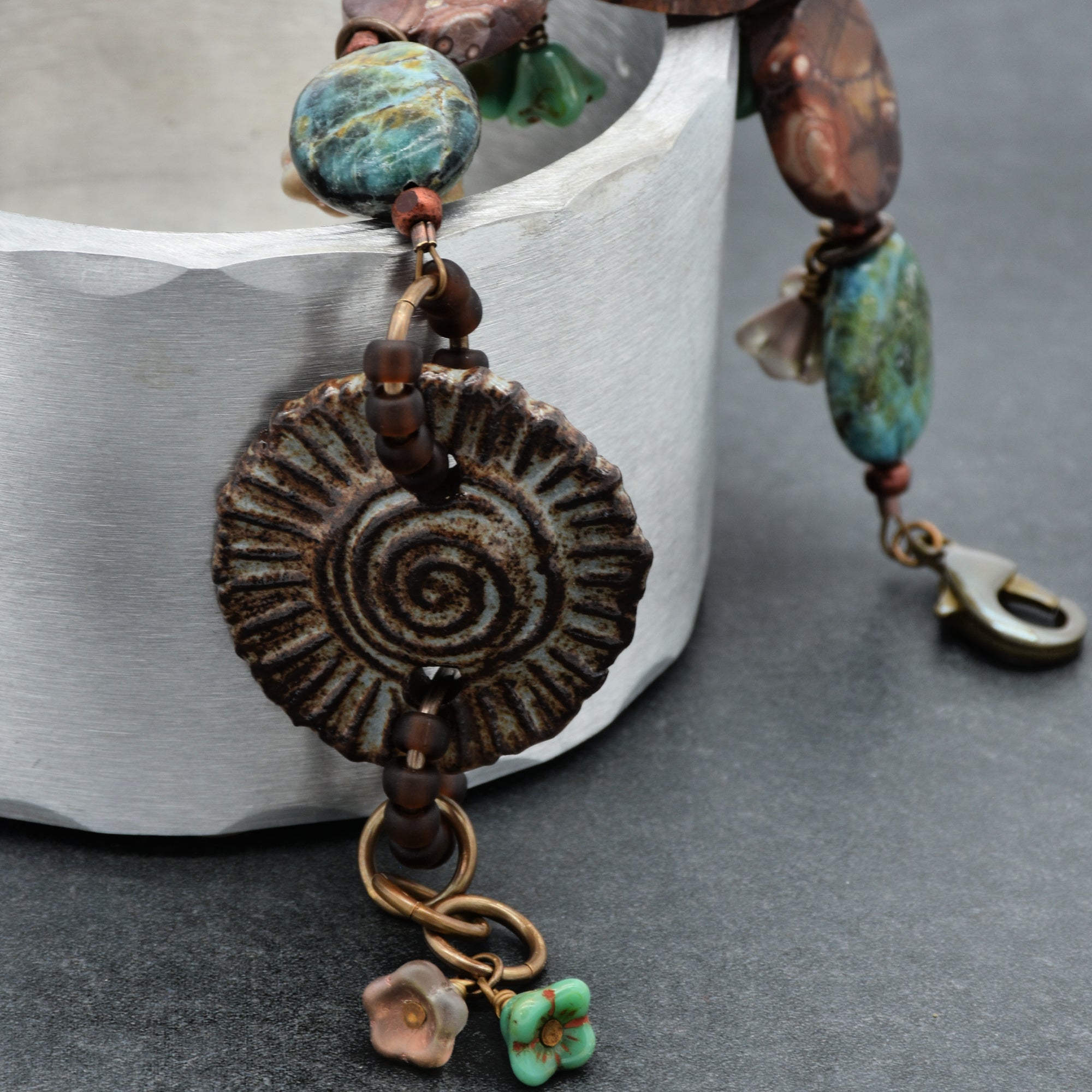 Handmade Beaded Bracelet - Rustic Charm, Earth Tones, Artisan Ceramic and Natural Stone