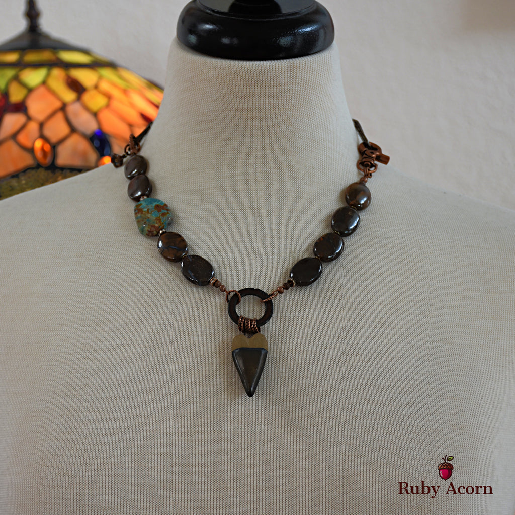 Rustic Heart Handmade Beaded Necklace with Artisan Ceramic Focal, Rainbow Calsilica, Boulder Opal
