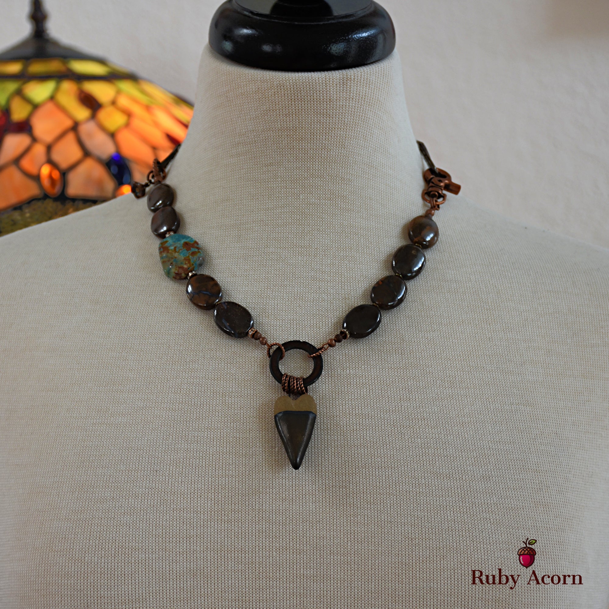 Rustic Heart Handmade Beaded Necklace with Artisan Ceramic Focal, Rainbow Calsilica, Boulder Opal