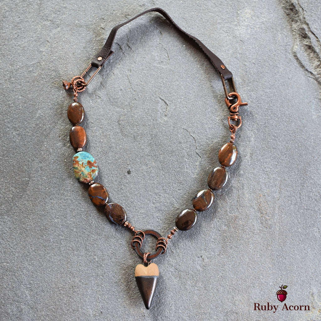 Rustic Heart Handmade Beaded Necklace with Artisan Ceramic Focal, Rainbow Calsilica, Boulder Opal
