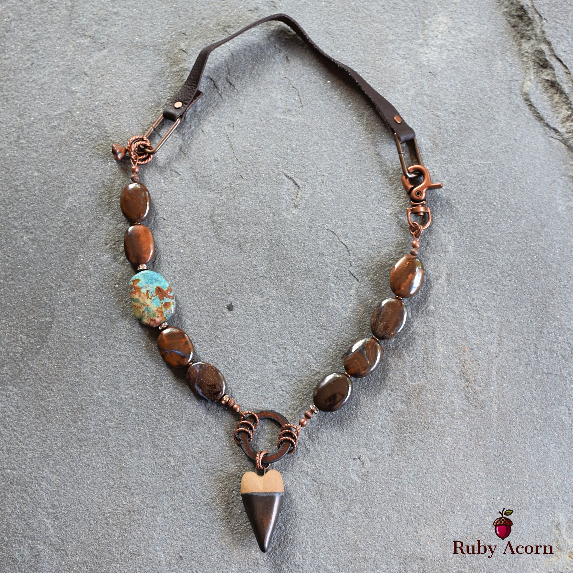 Rustic Heart Handmade Beaded Necklace with Artisan Ceramic Focal, Rainbow Calsilica, Boulder Opal