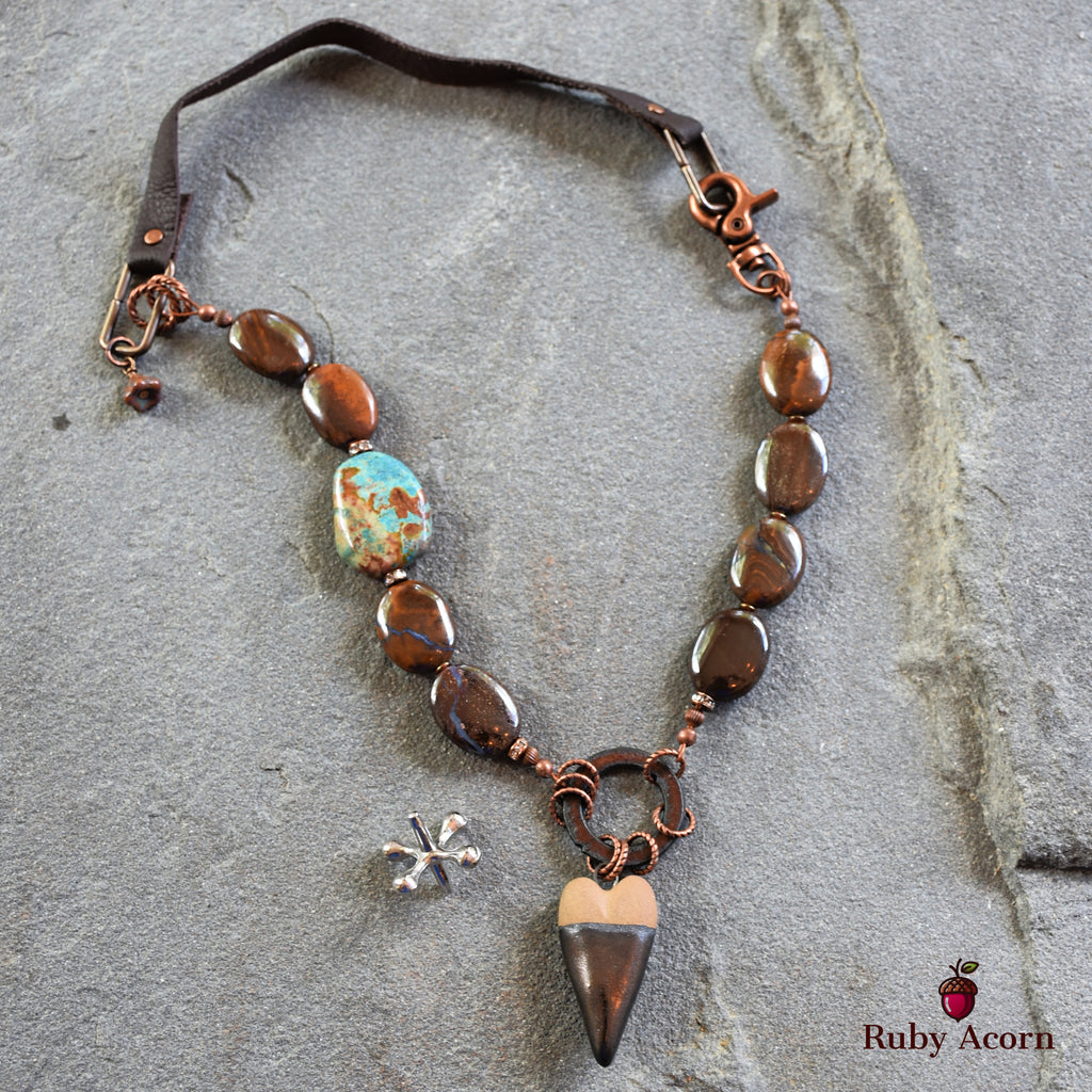 Rustic Heart Handmade Beaded Necklace with Artisan Ceramic Focal, Rainbow Calsilica, Boulder Opal