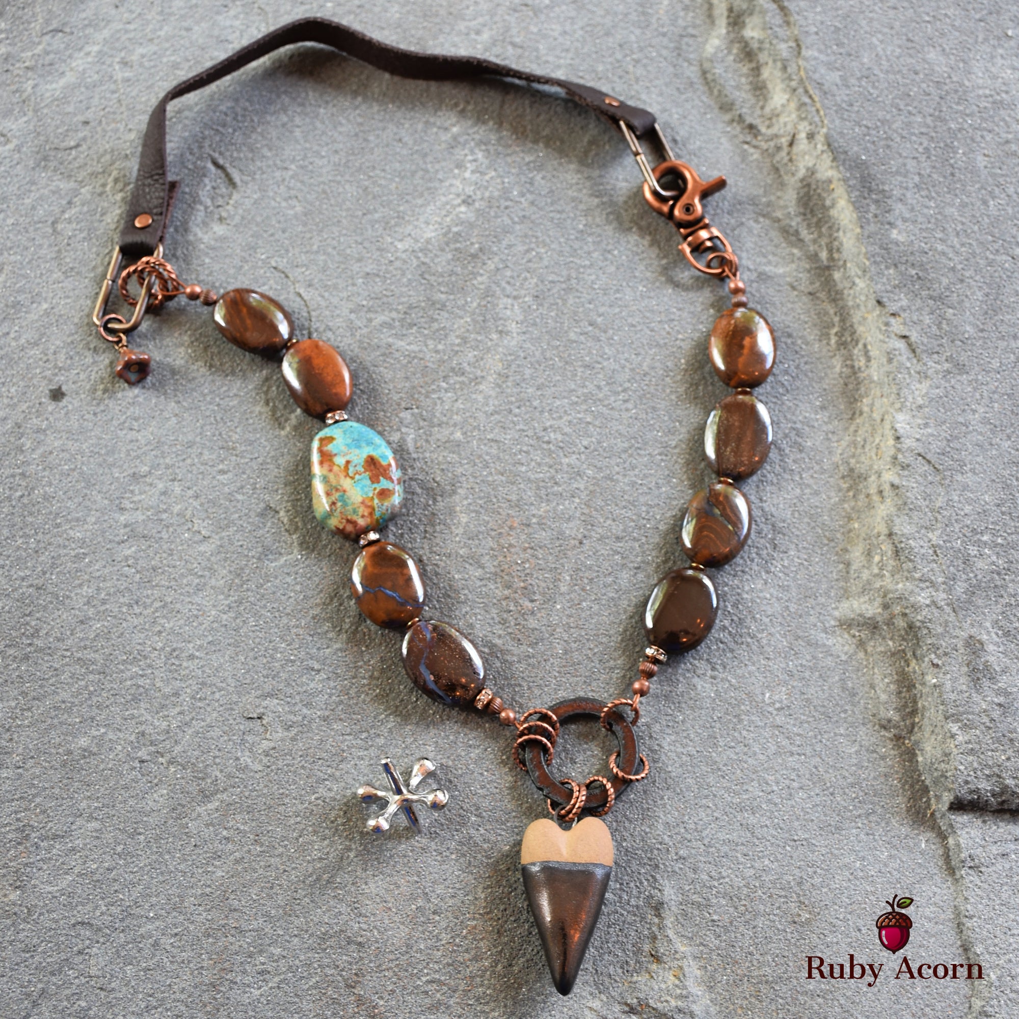 Rustic Heart Handmade Beaded Necklace with Artisan Ceramic Focal, Rainbow Calsilica, Boulder Opal