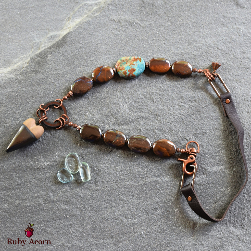 Rustic Heart Handmade Beaded Necklace with Artisan Ceramic Focal, Rainbow Calsilica, Boulder Opal