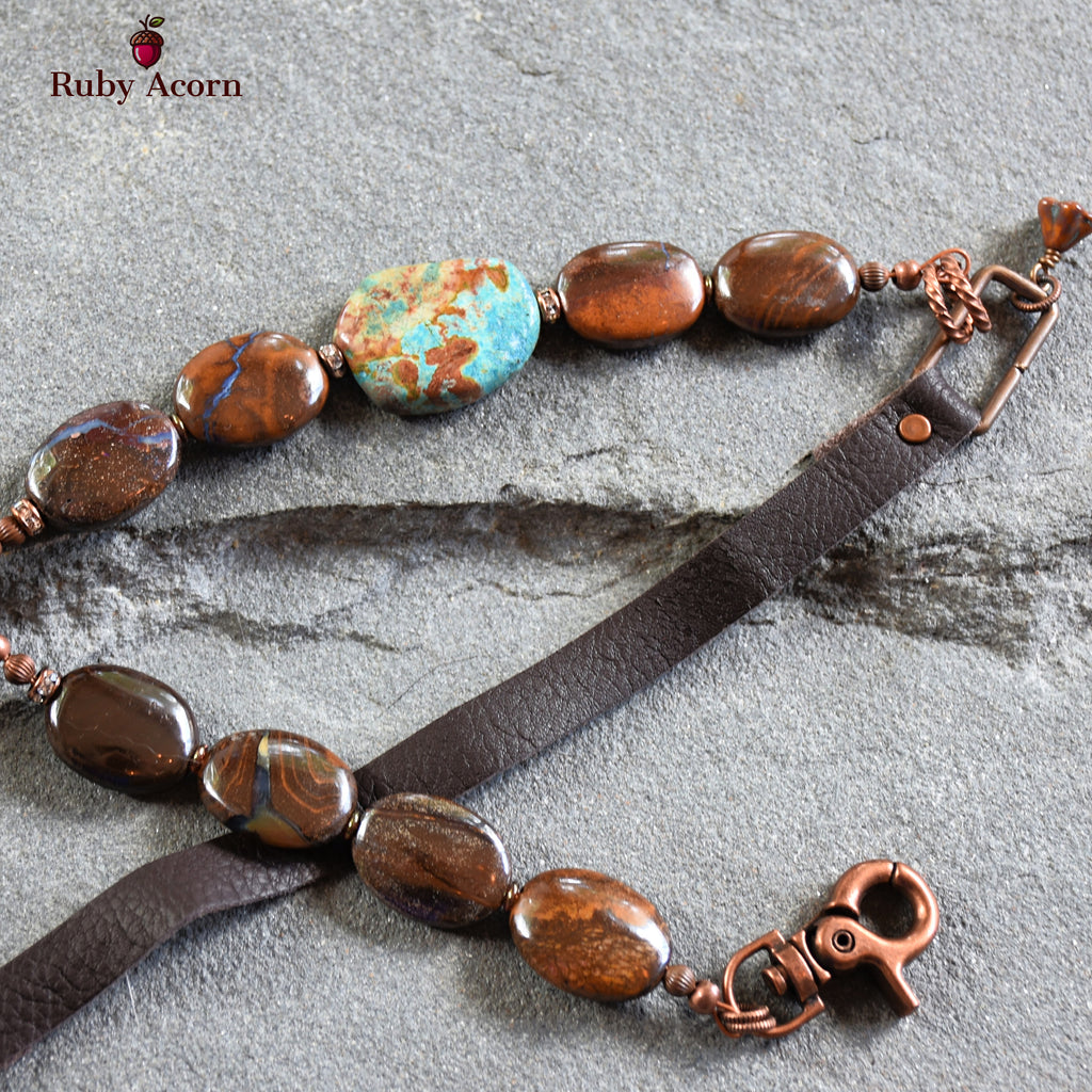 Rustic Heart Handmade Beaded Necklace with Artisan Ceramic Focal, Rainbow Calsilica, Boulder Opal