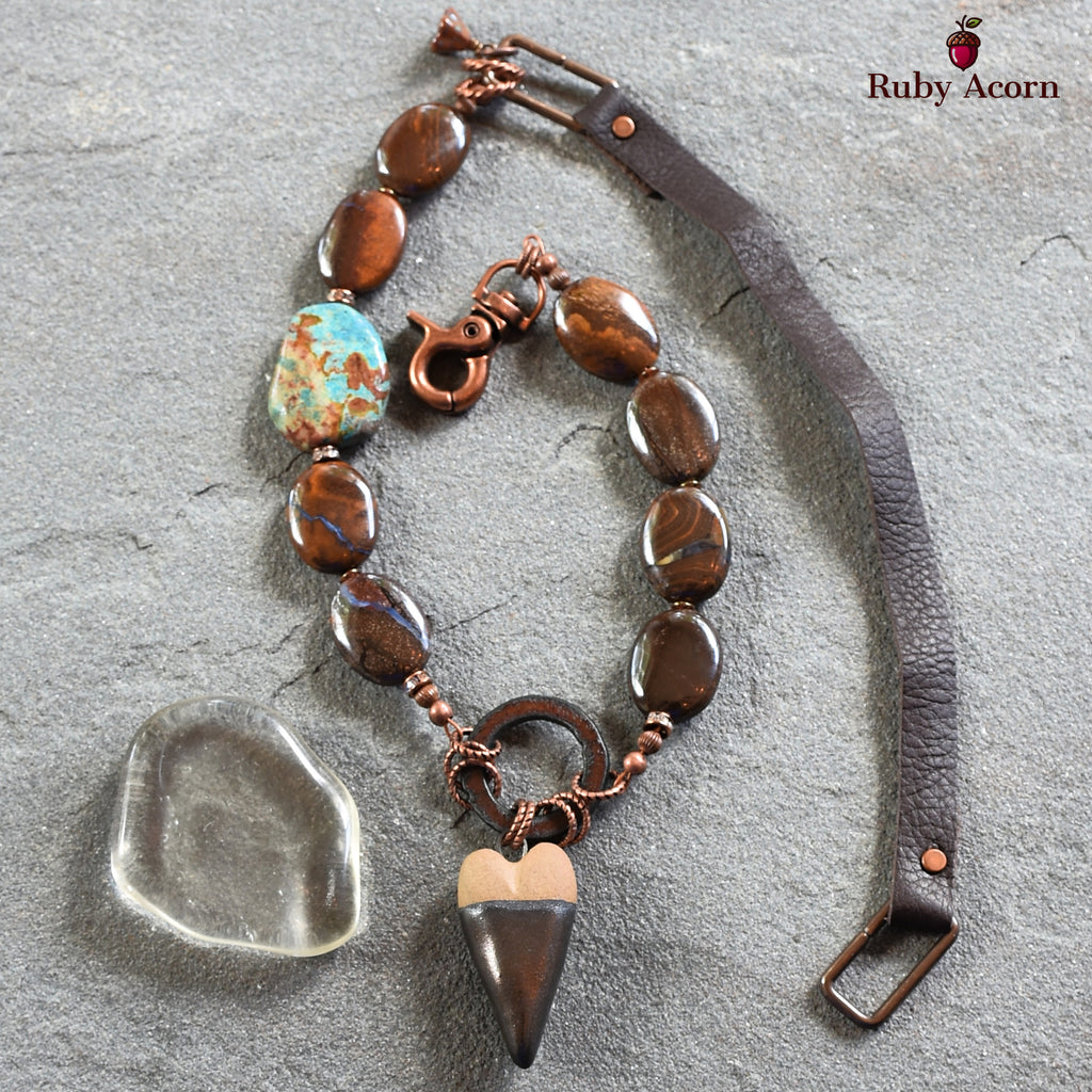 Rustic Heart Handmade Beaded Necklace with Artisan Ceramic Focal, Rainbow Calsilica, Boulder Opal