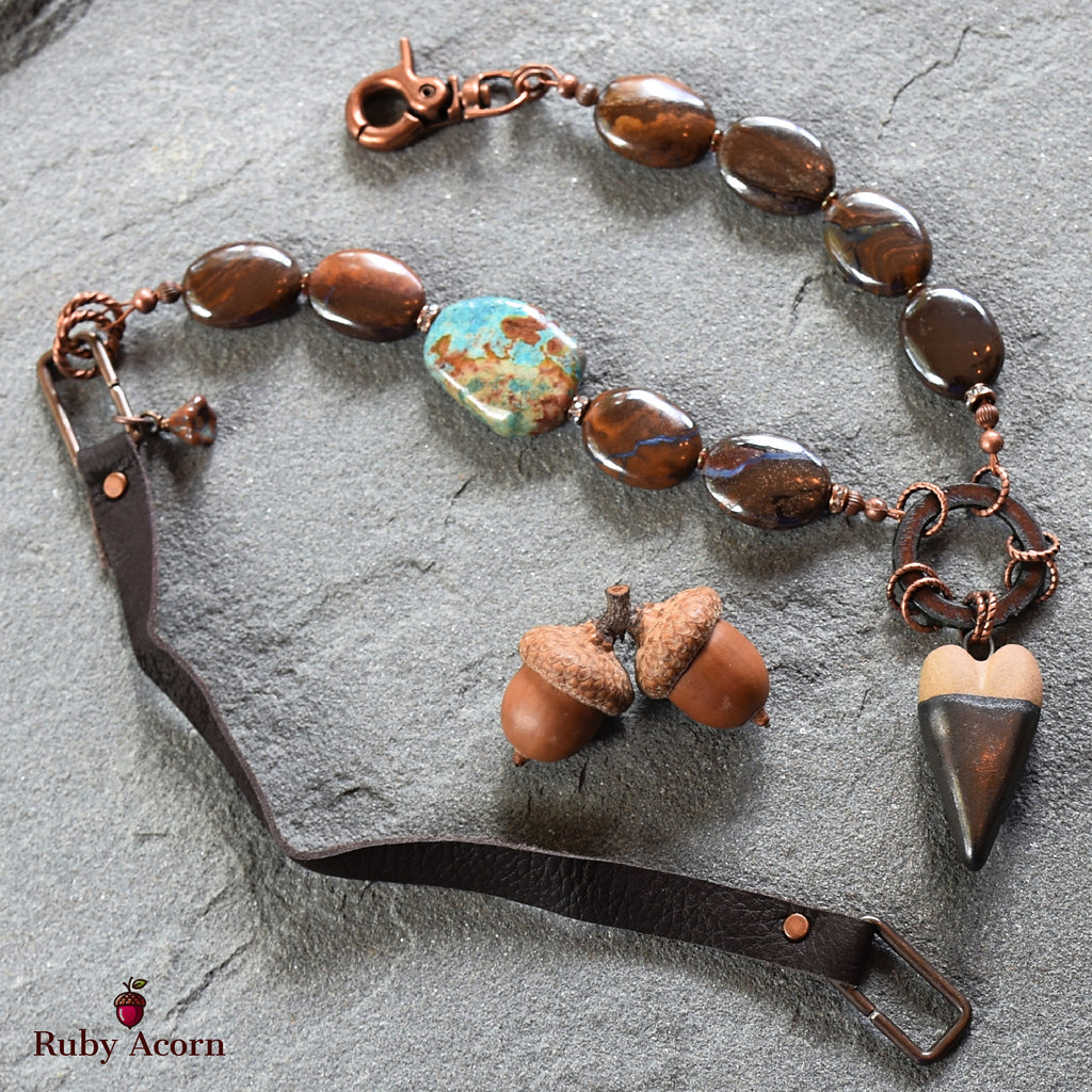 Rustic Heart Handmade Beaded Necklace with Artisan Ceramic Focal, Rainbow Calsilica, Boulder Opal