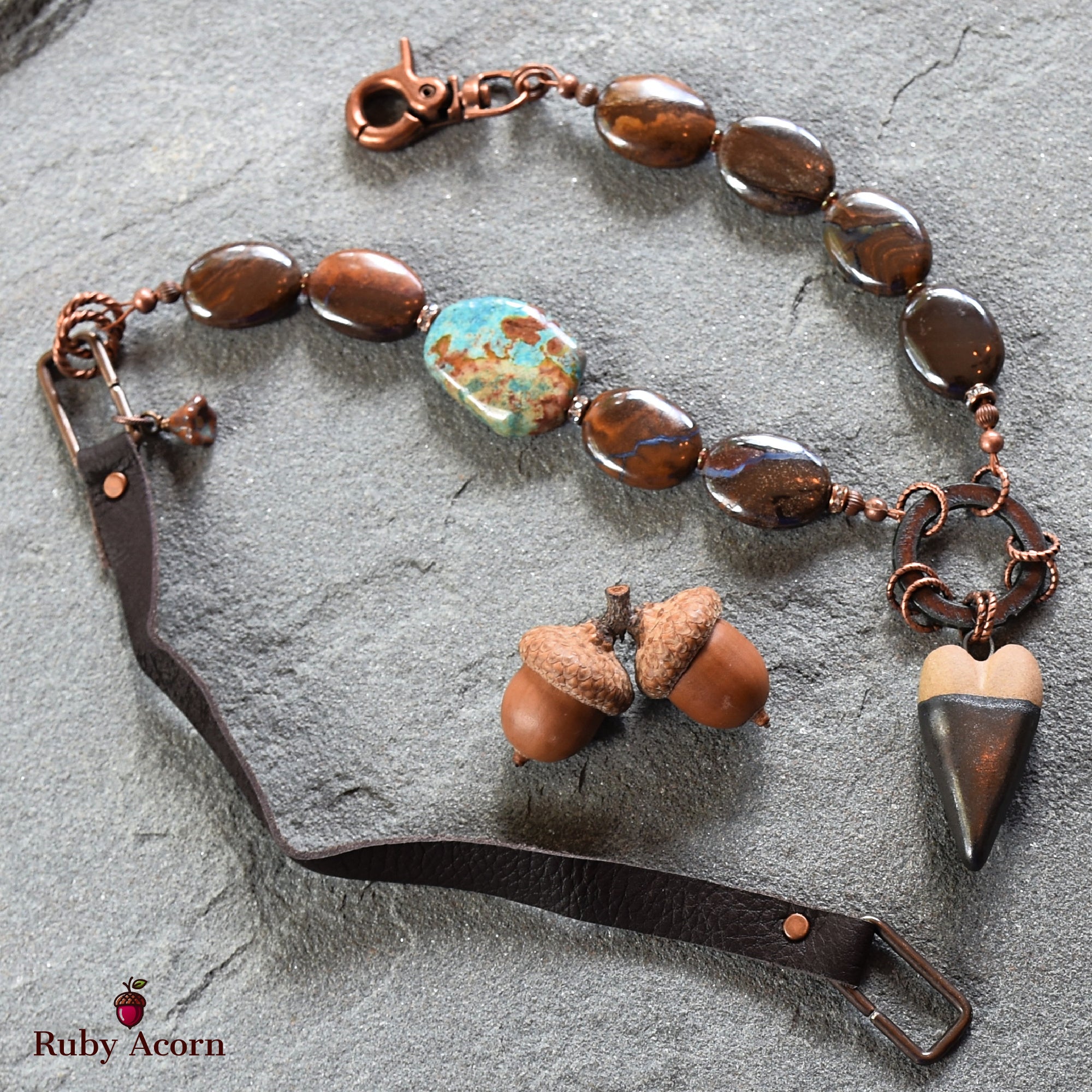 Rustic Heart Handmade Beaded Necklace with Artisan Ceramic Focal, Rainbow Calsilica, Boulder Opal