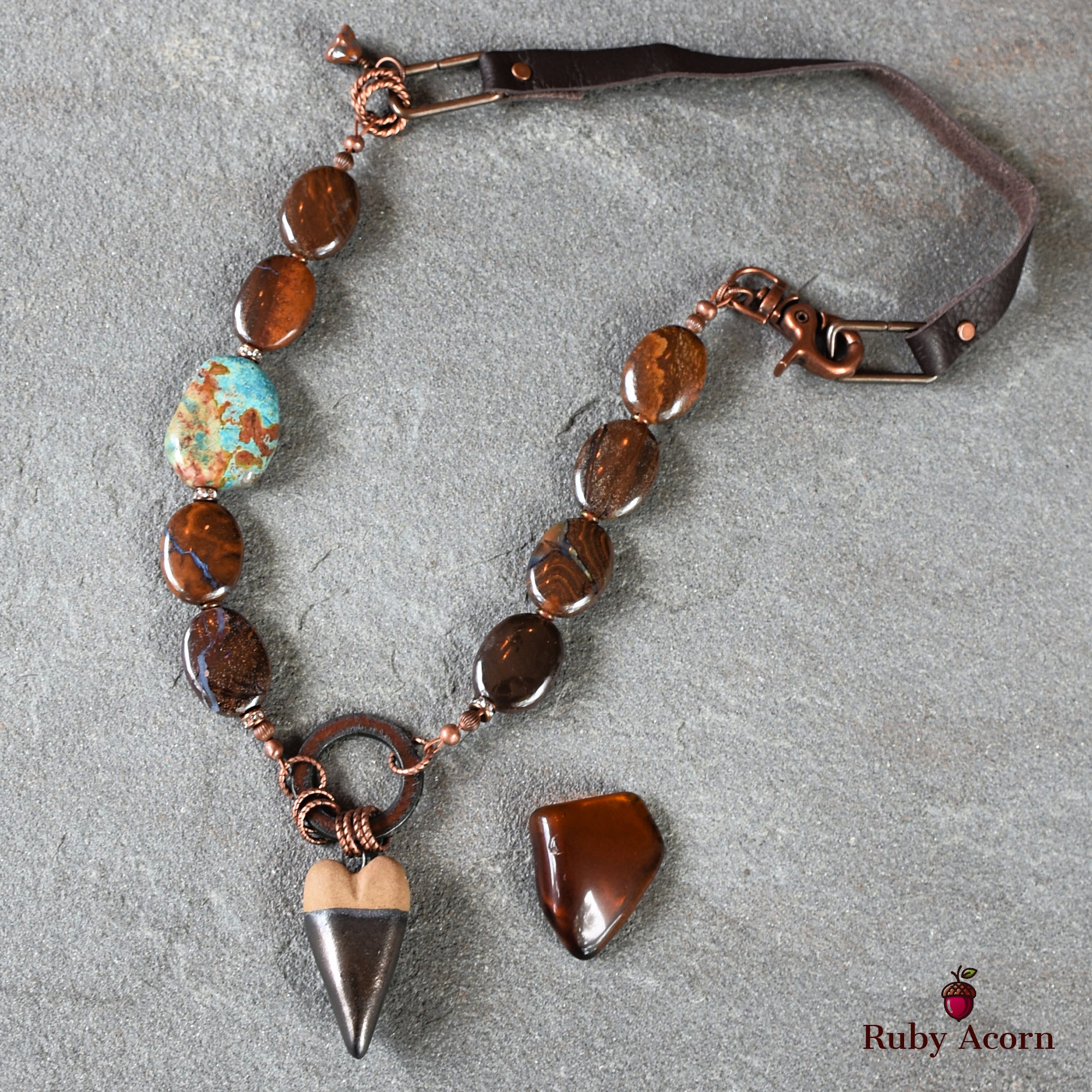Rustic Heart Handmade Beaded Necklace with Artisan Ceramic Focal, Rainbow Calsilica, Boulder Opal