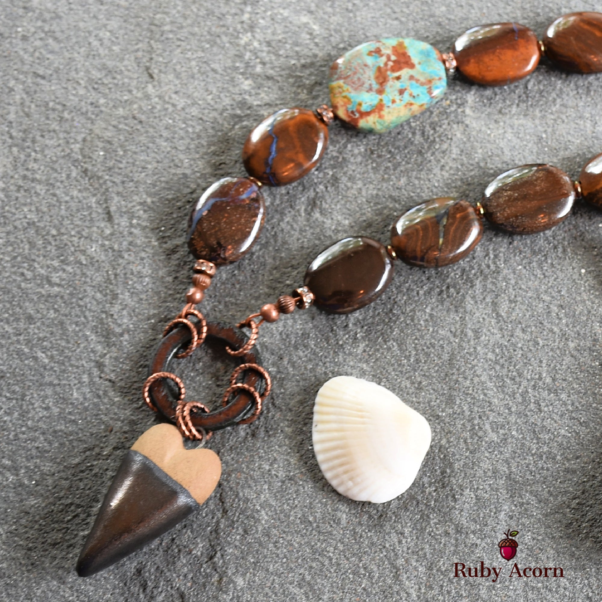 Rustic Heart Handmade Beaded Necklace with Artisan Ceramic Focal, Rainbow Calsilica, Boulder Opal