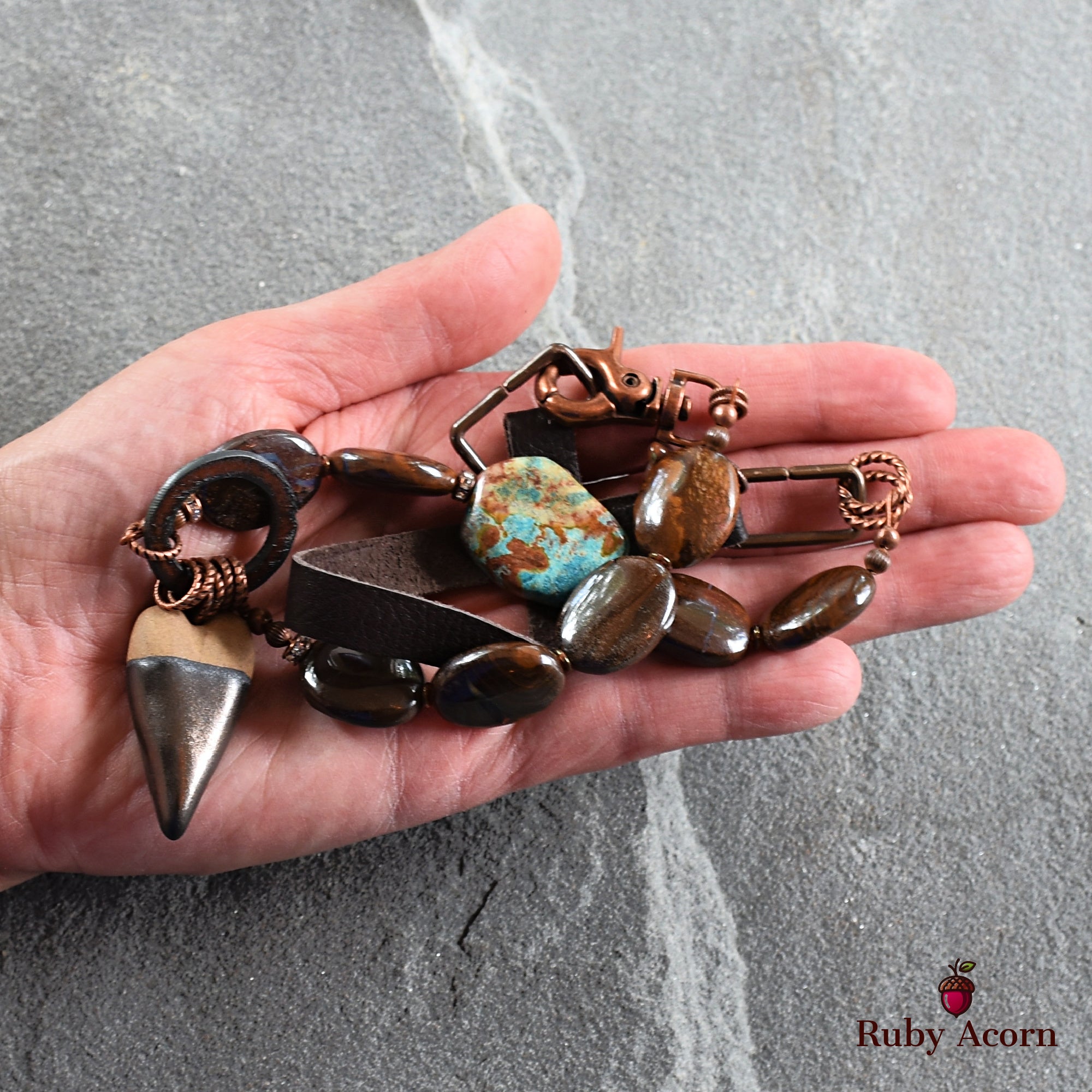 Rustic Heart Handmade Beaded Necklace with Artisan Ceramic Focal, Rainbow Calsilica, Boulder Opal