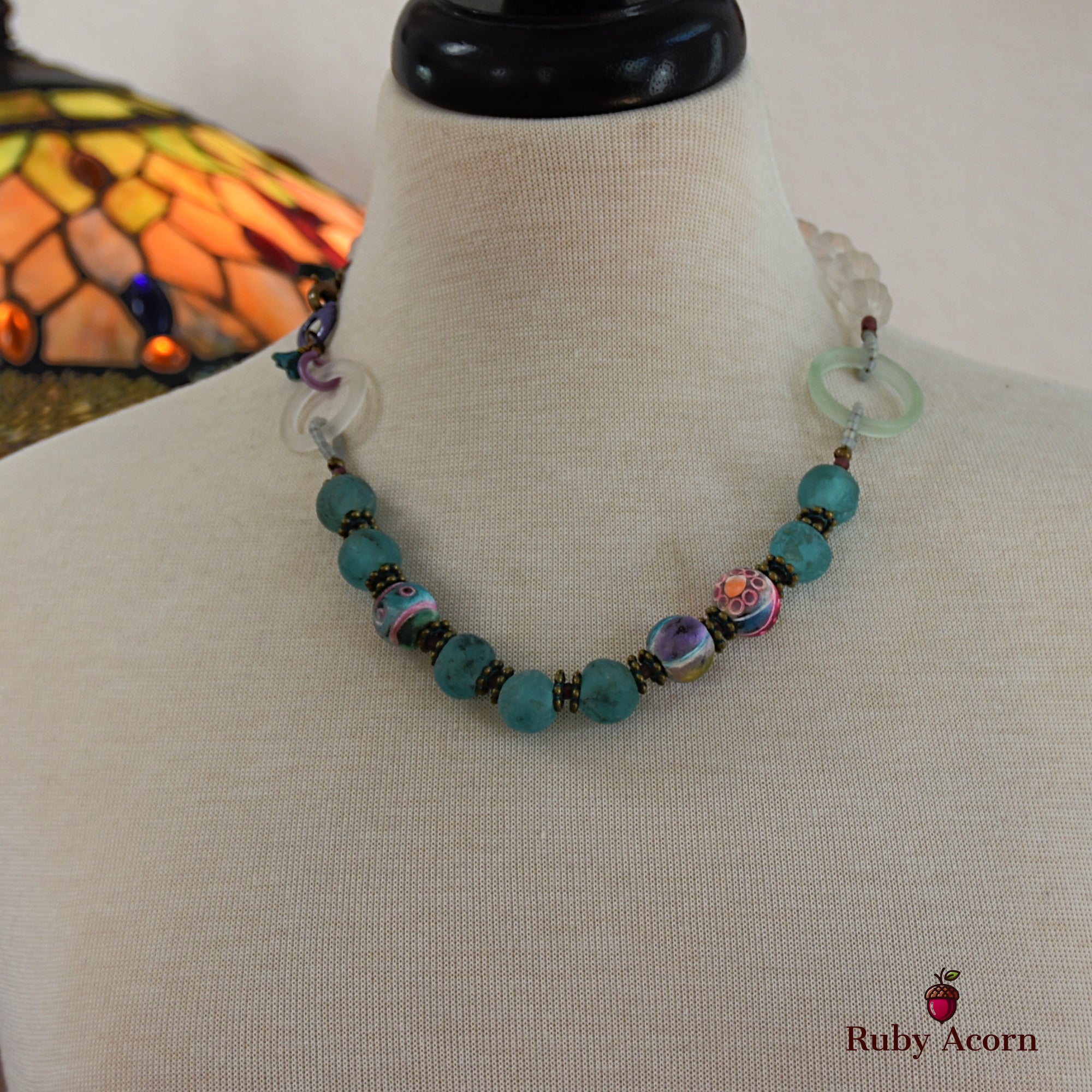 Salt Water Taffy Handmade Beaded Statement Necklace with Aqua Recycled African Glass, Artisan Polymer Clay, and Vintage Resin