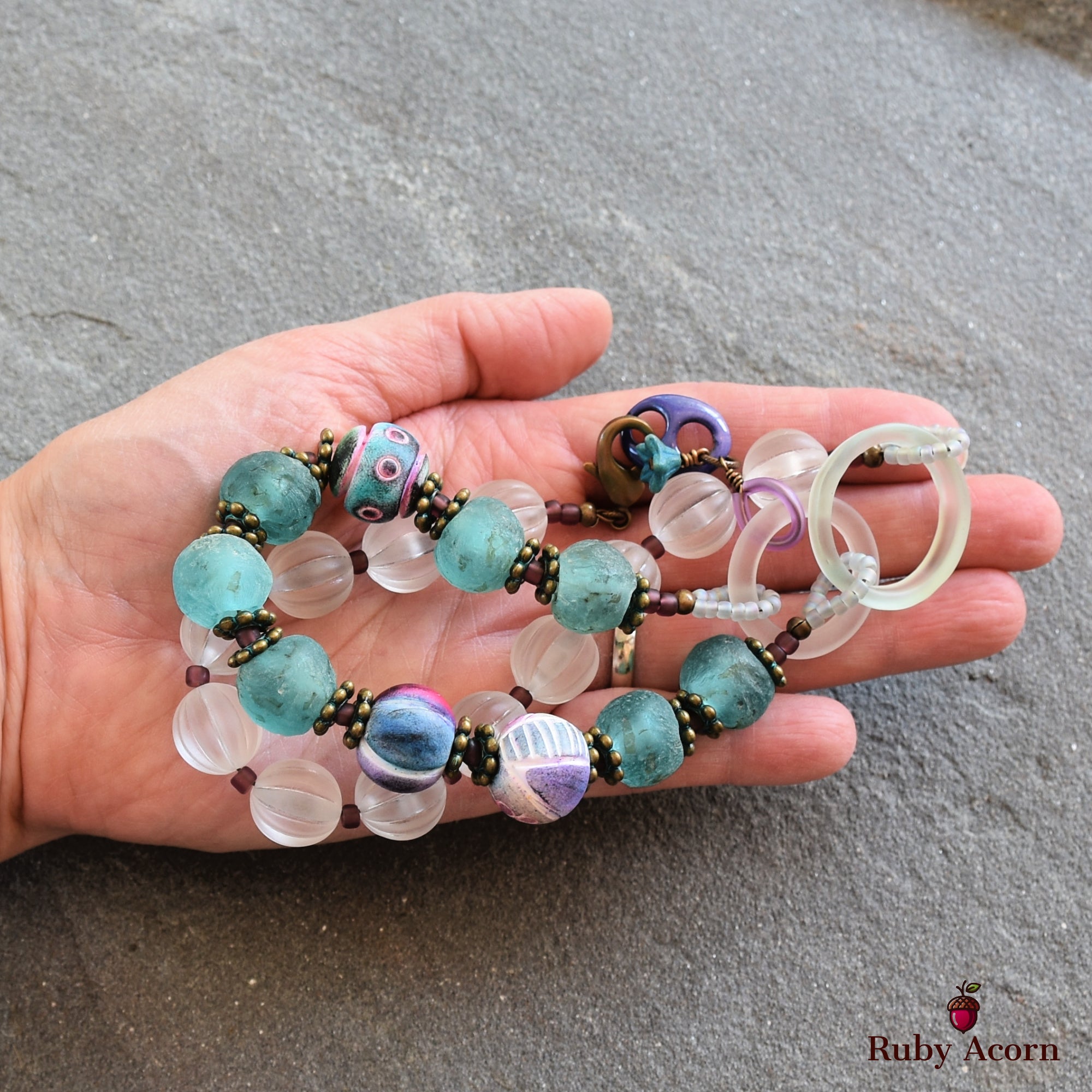 Salt Water Taffy Handmade Beaded Statement Necklace with Aqua Recycled African Glass, Artisan Polymer Clay, and Vintage Resin