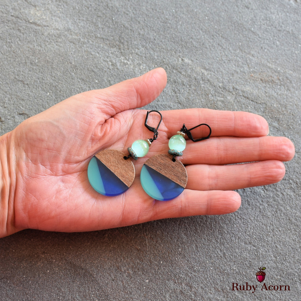 Shades of Blue Dangle Handmade Earrings, Bright Selenite, Wood Resin Charms.