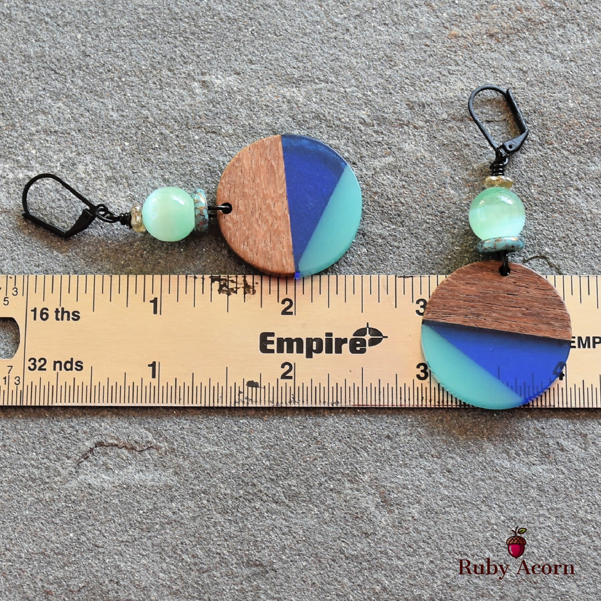 Shades of Blue Dangle Handmade Earrings, Bright Selenite, Wood Resin Charms.