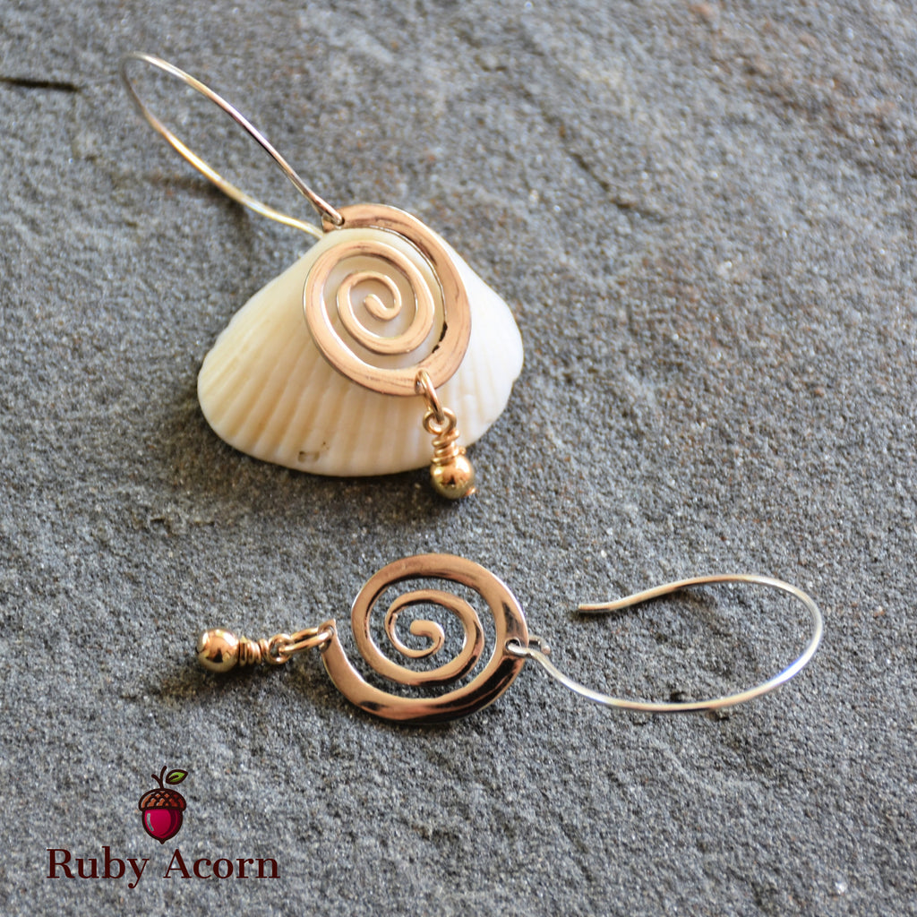 Silver and Gold Handmade Asymmetrical Dangle Earrings, Modern Sterling Silver swirls, Gold filled drops