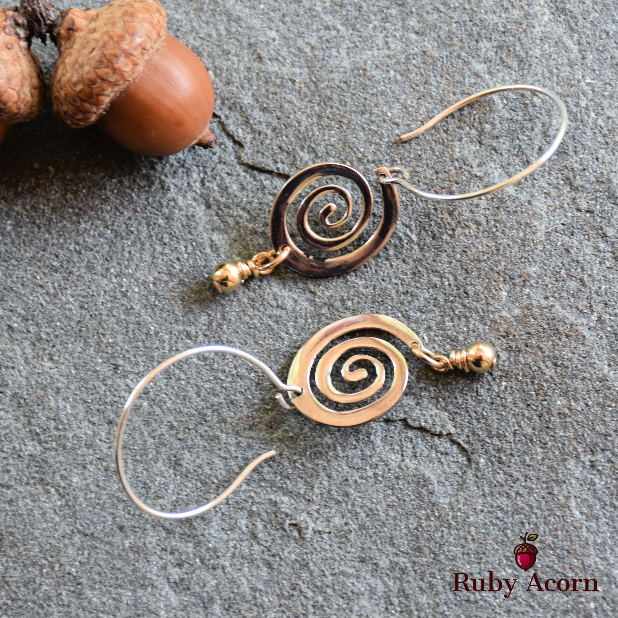 Silver and Gold Handmade Asymmetrical Dangle Earrings, Modern Sterling Silver swirls, Gold filled drops